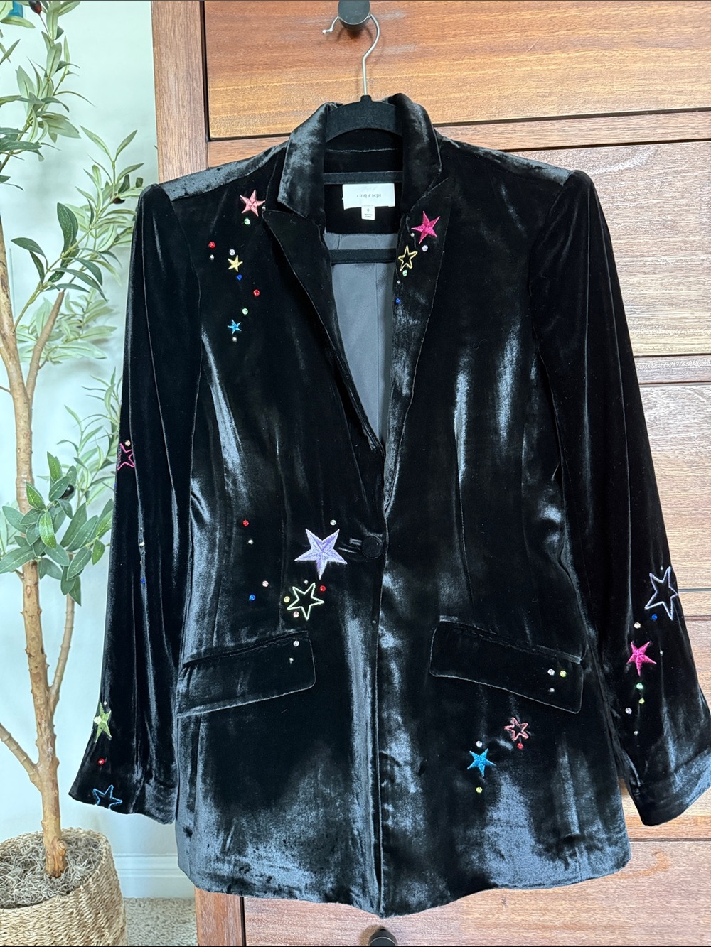 Cinq a Sept Black Velvet Blazer with Multicolor Star Embroidery - Size 0